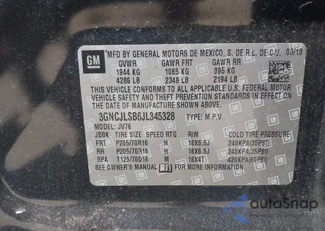 2018 Chevrolet Trax Lt z USA, uszkodzony, nr VIN 3GNCJLSB6JL345328